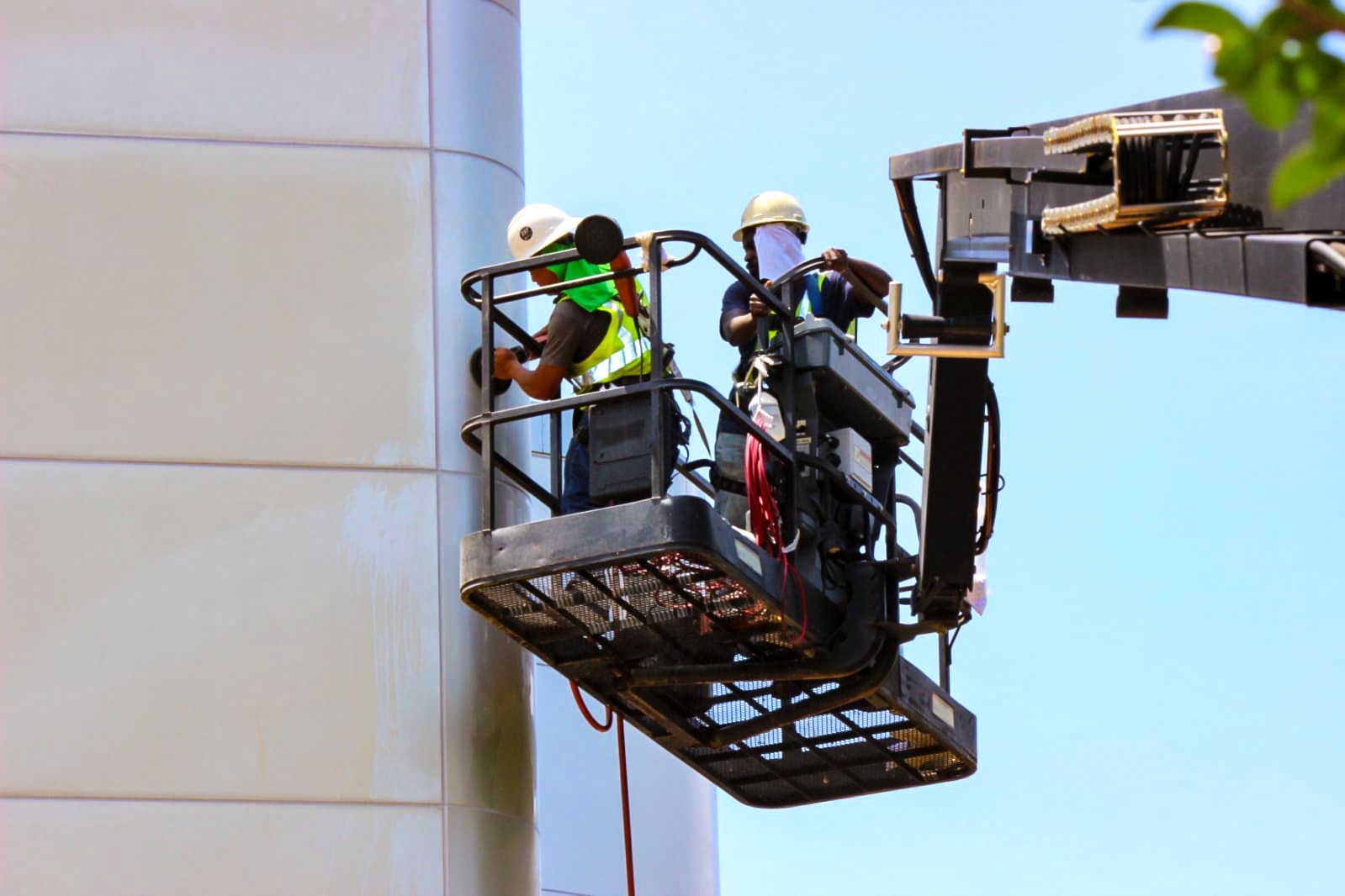 Technicians on crane at Ruby Hicks Hall at Tri-County Technical College in Pendleton, SC